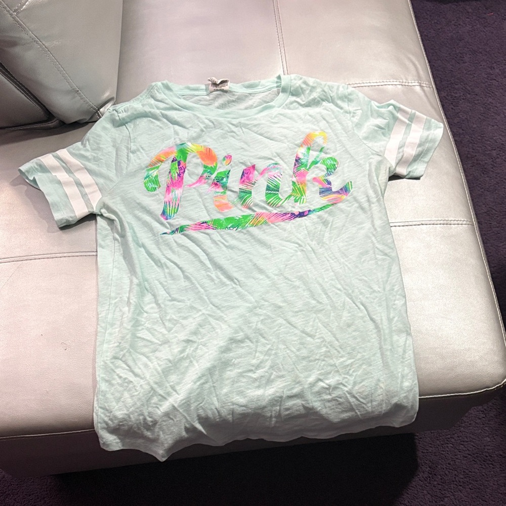PINK Victoria's Secret Mint Green Tee with Multicolor Logo